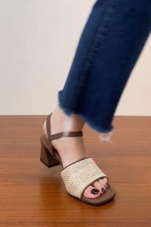 Genuine Leather Woven One-Strap Open-Toe Chunky Heel Sandals for Women - Vacation Style Mid-Heel Shoes for Summer 2025