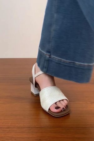 Genuine Leather Woven One-Strap Open-Toe Chunky Heel Sandals for Women - Vacation Style Mid-Heel Shoes for Summer 2025