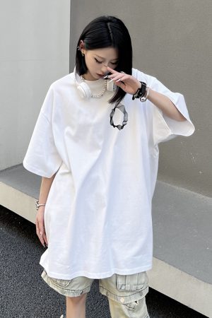 Geometric Print Black Short-Sleeve T-Shirt for Couples - American Street Style Loose Fit High Street Fashion