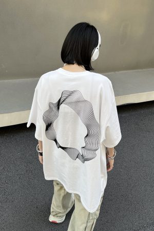 Geometric Print Black Short-Sleeve T-Shirt for Couples - American Street Style Loose Fit High Street Fashion