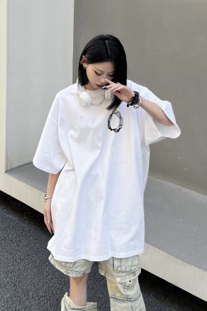 Geometric Print Black Short-Sleeve T-Shirt for Couples - American Street Style Loose Fit High Street Fashion