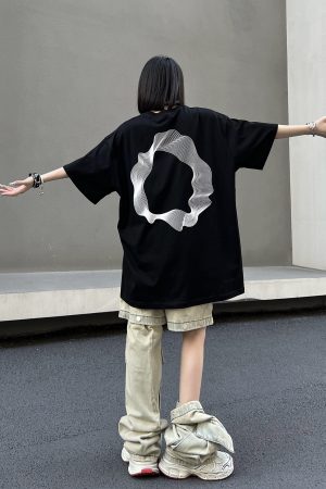 Geometric Print Black Short-Sleeve T-Shirt for Couples - American Street Style Loose Fit High Street Fashion