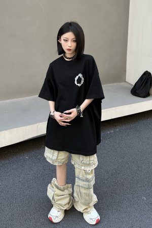 Geometric Print Black Short-Sleeve T-Shirt for Couples - American Street Style Loose Fit High Street Fashion