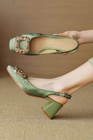 Giant American Style Chunky High-Heeled Open-Back Square-Toe Women's Sandals with Crystal Square Buckle - Fashionable Summer Footwear