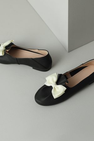 Giant Soft French Genuine Leather Women's Ballet Flats with Gentle Bow - Artistic Two-Way Design for Comfortable Everyday Style