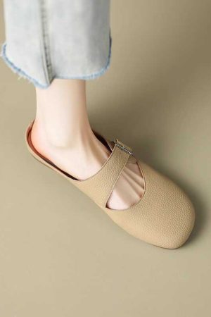 Giant Soft Genuine Leather Open-Toe Half-Slip Women's Outdoor One-Strap Flat Mule Slippers for Summer Comfort