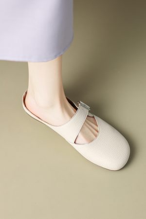 Giant Soft Genuine Leather Open-Toe Half-Slip Women's Outdoor One-Strap Flat Mule Slippers for Summer Comfort