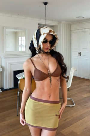 Ginger Yellow and Brown Sheer Mesh Party Night Set - Trendy 90s Inspired Outfit for Stylish Nights Out