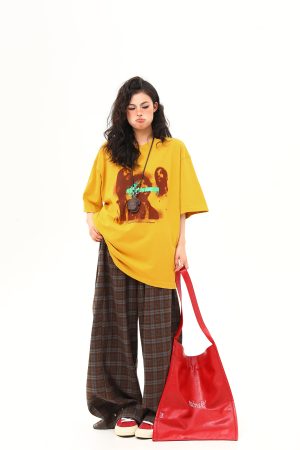 Ginger Yellow Retro Printed Short Sleeve T-Shirt for Women, Trendy Loose Fit Casual Tee, Summer 2025 Fashion