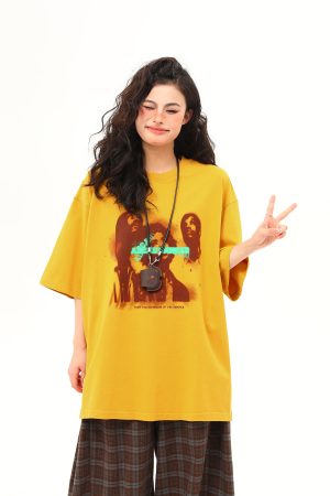 Ginger Yellow Retro Printed Short Sleeve T-Shirt for Women, Trendy Loose Fit Casual Tee, Summer 2025 Fashion