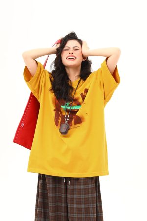 Ginger Yellow Retro Printed Short Sleeve T-Shirt for Women, Trendy Loose Fit Casual Tee, Summer 2025 Fashion