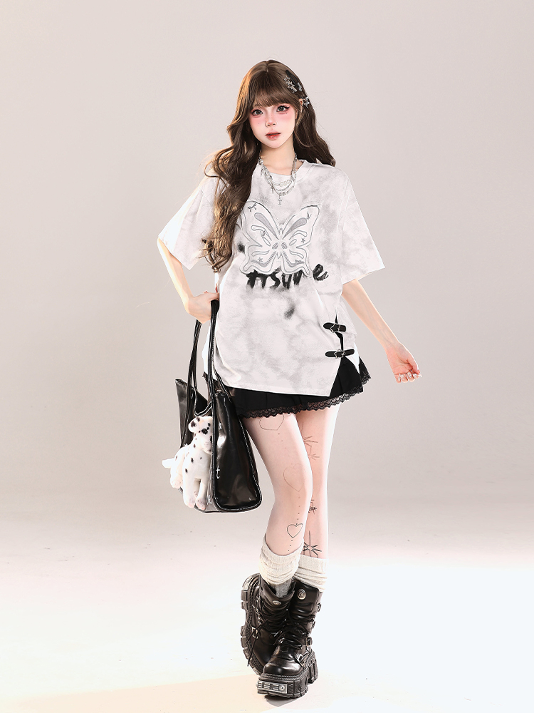 Girls' American-Style Butterfly Patchwork Embroidered Split Short Sleeve T-Shirt - Summer Loose Slimming Top Girls' American-Style Butterfly Patchwork Embroidered Split Short Sleeve T-Shirt - Summer Loose Slimming Top