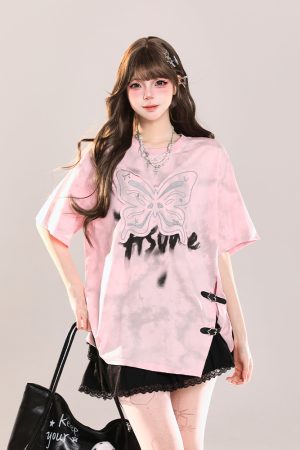 Girls' American-Style Butterfly Patchwork Embroidered Split Short Sleeve T-Shirt - Summer Loose Slimming Top