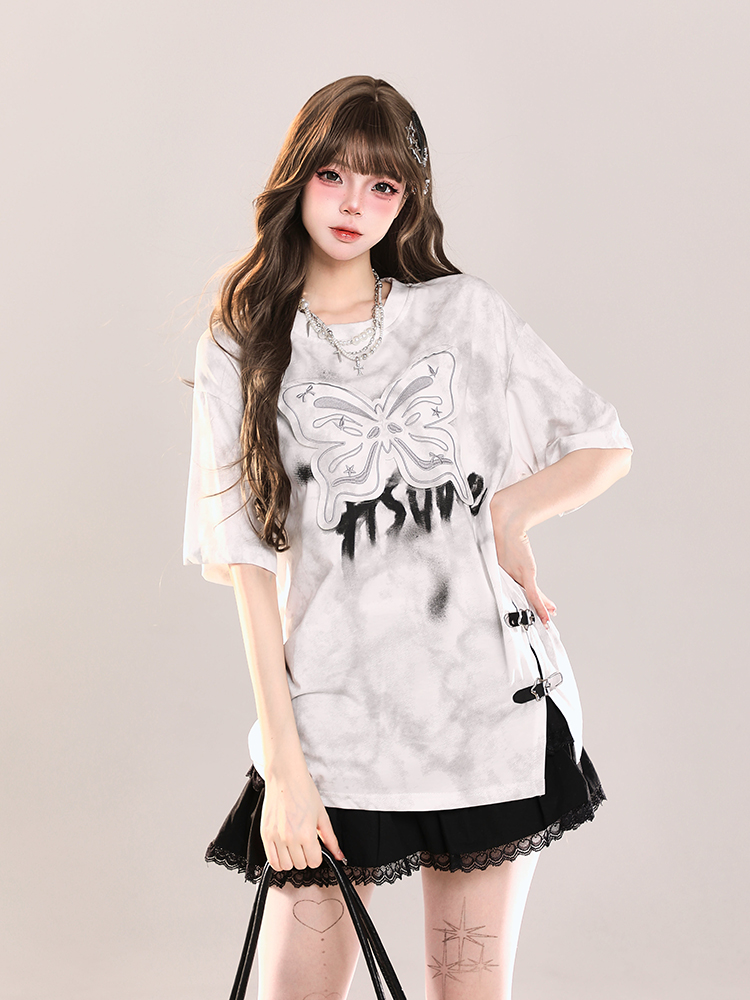 Girls' American-Style Butterfly Patchwork Embroidered Split Short Sleeve T-Shirt - Summer Loose Slimming Top Girls' American-Style Butterfly Patchwork Embroidered Split Short Sleeve T-Shirt - Summer Loose Slimming Top