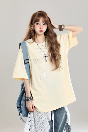 Girls' American Style Star Print Short Sleeve T-Shirt, Unique Summer Design, Loose Fit, Trendy Casual Wear
