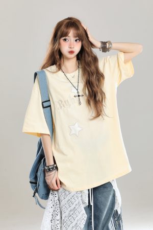 Girls' American Style Star Print Short Sleeve T-Shirt, Unique Summer Design, Loose Fit, Trendy Casual Wear