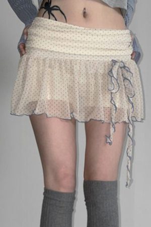 Girls' Butterfly Flower Polka Dot Pleated Skirt - Low Waist French Style, Cute Yarn Design for Women's Fashion