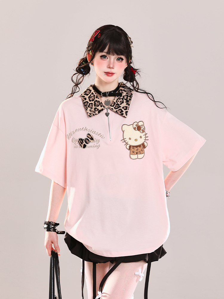 Girls' College Style Hello Kitty Polo Short Sleeve T-Shirt - Summer 2025 Casual Loose Top with Y2K Vibe Girls' College Style Hello Kitty Polo Short Sleeve T-Shirt - Summer 2025 Casual Loose Top with Y2K Vibe