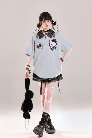 Girls' College Style Hello Kitty Polo Short Sleeve T-Shirt - Summer 2025 Casual Loose Top with Y2K Vibe