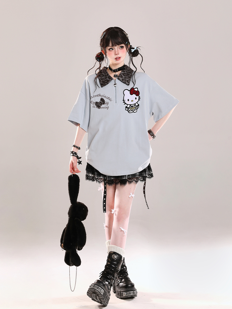 Girls' College Style Hello Kitty Polo Short Sleeve T-Shirt - Summer 2025 Casual Loose Top with Y2K Vibe Girls' College Style Hello Kitty Polo Short Sleeve T-Shirt - Summer 2025 Casual Loose Top with Y2K Vibe