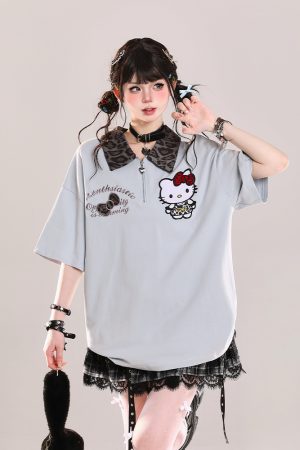 Girls' College Style Hello Kitty Polo Short Sleeve T-Shirt - Summer 2025 Casual Loose Top with Y2K Vibe