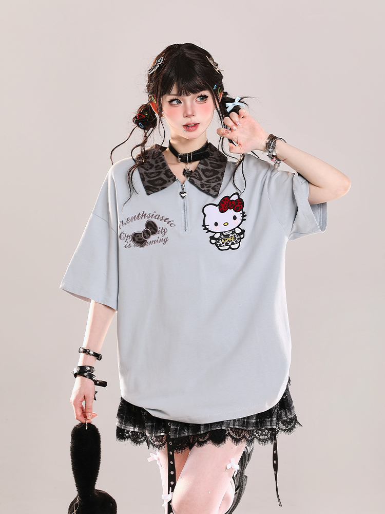 Girls' College Style Hello Kitty Polo Short Sleeve T-Shirt - Summer 2025 Casual Loose Top with Y2K Vibe Girls' College Style Hello Kitty Polo Short Sleeve T-Shirt - Summer 2025 Casual Loose Top with Y2K Vibe