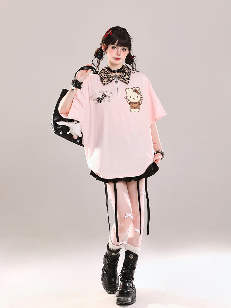 Girls' College Style Hello Kitty Polo Short Sleeve T-Shirt - Summer 2025 Casual Loose Top with Y2K Vibe Girls' College Style Hello Kitty Polo Short Sleeve T-Shirt - Summer 2025 Casual Loose Top with Y2K Vibe