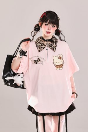 Girls' College Style Hello Kitty Polo Short Sleeve T-Shirt - Summer 2025 Casual Loose Top with Y2K Vibe
