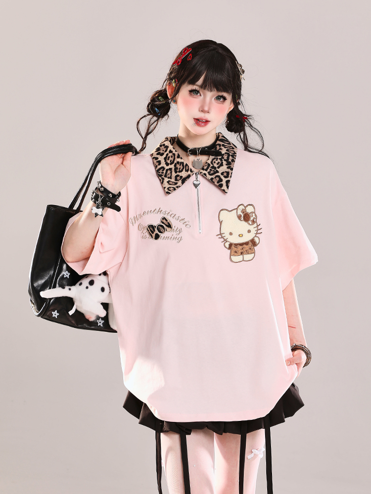 Girls' College Style Hello Kitty Polo Short Sleeve T-Shirt - Summer 2025 Casual Loose Top with Y2K Vibe Girls' College Style Hello Kitty Polo Short Sleeve T-Shirt - Summer 2025 Casual Loose Top with Y2K Vibe