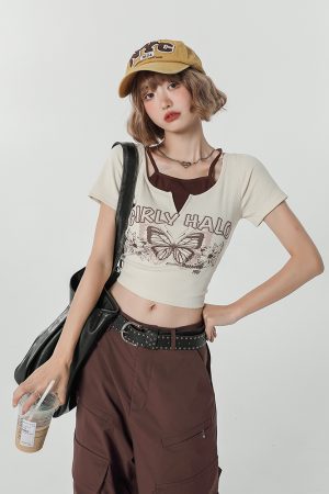 Girly Round Neck Short Sleeve T-Shirt for Women - Summer Slim Fit Fake Two-Piece Top, Casual Style
