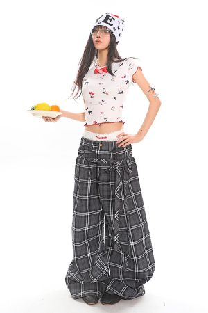 Glen Gray Vintage Oversized Checkered Wide-Leg Pants with Flowing Straps for Women - Summer Y2K Style Fashion