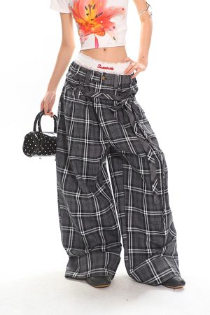 Glen Gray Vintage Oversized Checkered Wide-Leg Pants with Flowing Straps for Women - Summer Y2K Style Fashion