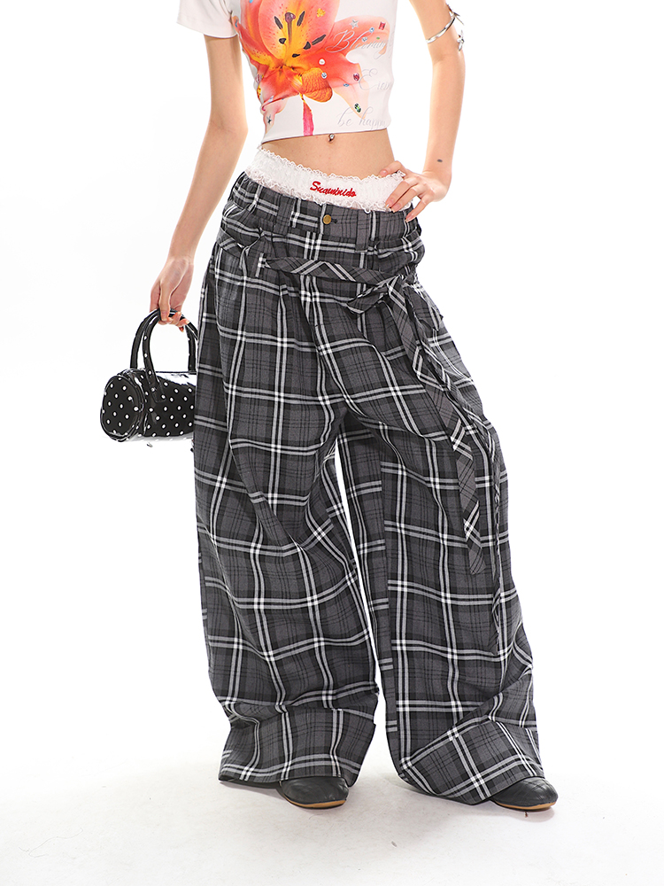 Glen Gray Vintage Oversized Checkered Wide-Leg Pants with Flowing Straps for Women - Summer Y2K Style Fashion Glen Gray Vintage Oversized Checkered Wide-Leg Pants with Flowing Straps for Women - Summer Y2K Style Fashion