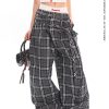 Glen Gray Vintage Oversized Checkered Wide-Leg Pants with Flowing Straps for Women - Summer Y2K Style Fashion