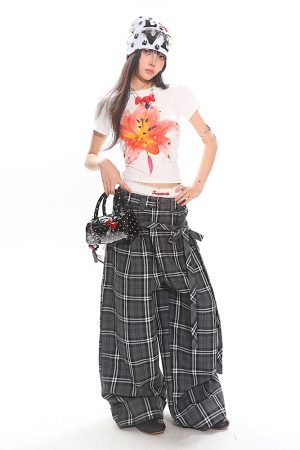 Glen Gray Vintage Oversized Checkered Wide-Leg Pants with Flowing Straps for Women - Summer Y2K Style Fashion