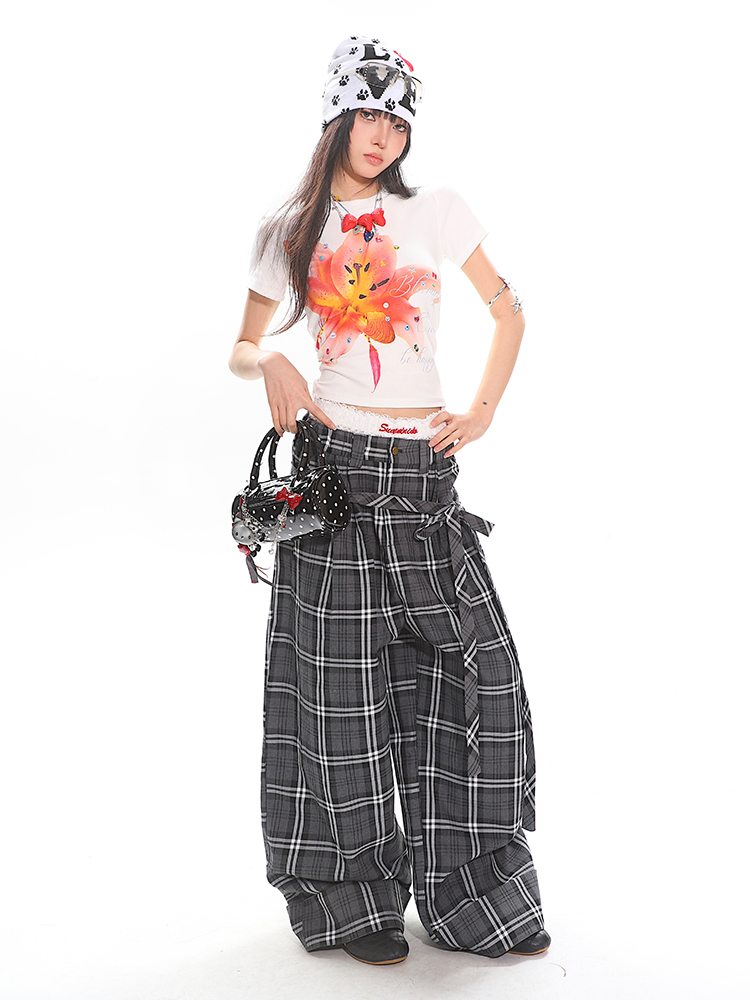 Glen Gray Vintage Oversized Checkered Wide-Leg Pants with Flowing Straps for Women - Summer Y2K Style Fashion Glen Gray Vintage Oversized Checkered Wide-Leg Pants with Flowing Straps for Women - Summer Y2K Style Fashion