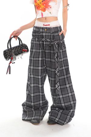 Glen Gray Vintage Oversized Checkered Wide-Leg Pants with Flowing Straps for Women - Summer Y2K Style Fashion