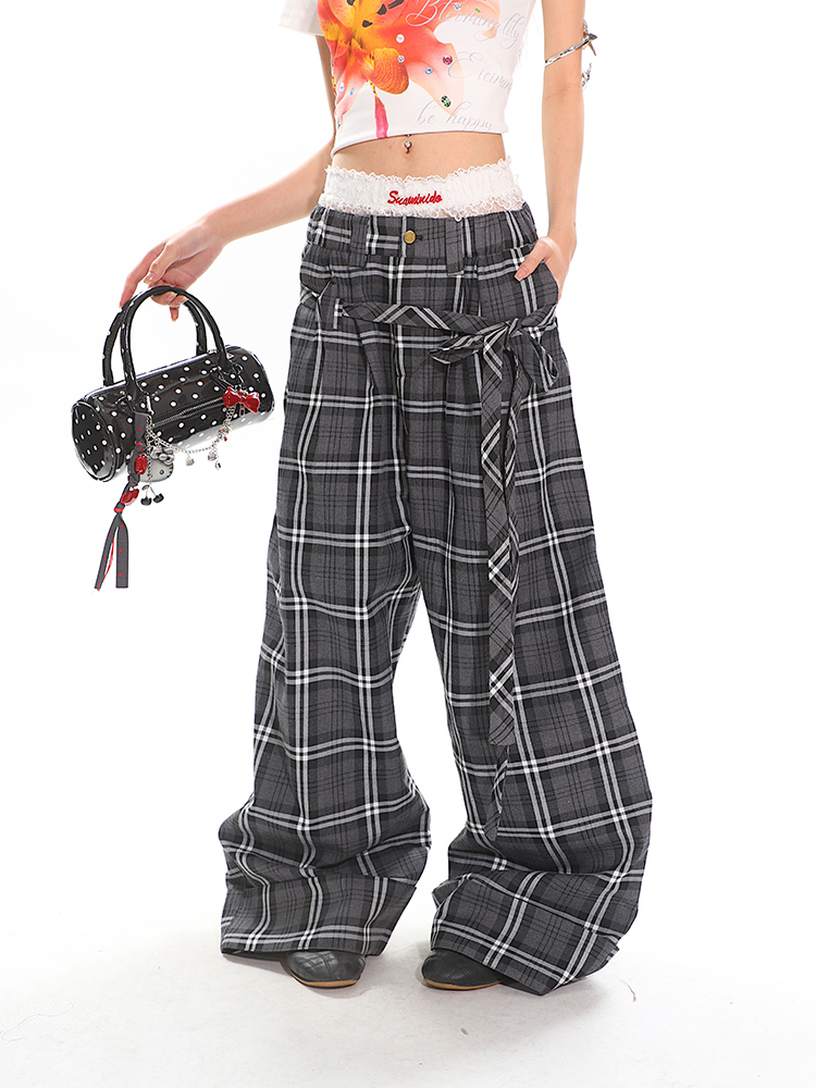 Glen Gray Vintage Oversized Checkered Wide-Leg Pants with Flowing Straps for Women - Summer Y2K Style Fashion Glen Gray Vintage Oversized Checkered Wide-Leg Pants with Flowing Straps for Women - Summer Y2K Style Fashion