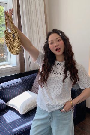 Gold Big Bow Polka Dot Short Sleeve T-Shirt for Women - Summer 2025 Unique Age-Reducing Top for Plus Size Fashion