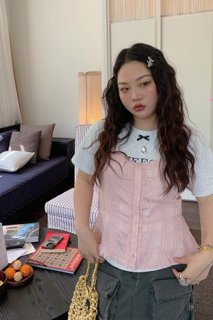 Gold Big Bow Polka Dot Short Sleeve T-Shirt for Women - Summer 2025 Unique Age-Reducing Top for Plus Size Fashion