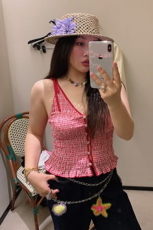 Gold Hollow Out Strap Tank Top for Women - Plus Size Summer Outfit, Big Support, Trendy Hot Girl Style 2025