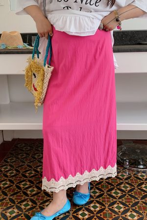 Gold Lace Splicing Slit Midi Skirt for Women, Plus Size 2025 Summer Fashion, Slimming Belly Coverage, Trendy Big Support Design