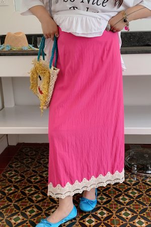 Gold Lace Splicing Slit Midi Skirt for Women, Plus Size 2025 Summer Fashion, Slimming Belly Coverage, Trendy Big Support Design