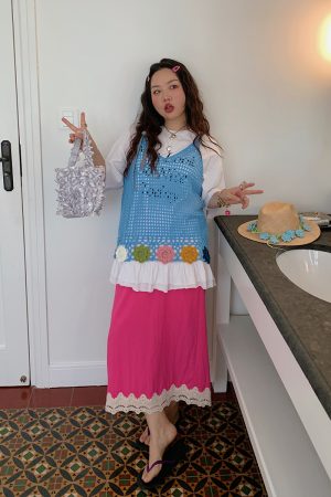 Gold Lace Splicing Slit Midi Skirt for Women, Plus Size 2025 Summer Fashion, Slimming Belly Coverage, Trendy Big Support Design