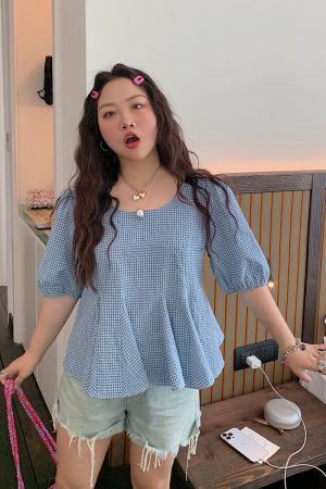 Gold Plaid Waist-Cinching Short Sleeve Shirt for Women - Summer 2025 Light Luxury Chic Top, Perfect for Y2K and Korean Style Fashion.