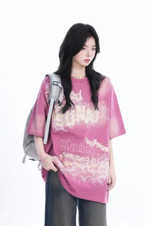 Gradient Pink Oversized Short Sleeve T-Shirt for Women - Trendy American High Street Style with Sit and Eat Until the Mountains Are Empty Design