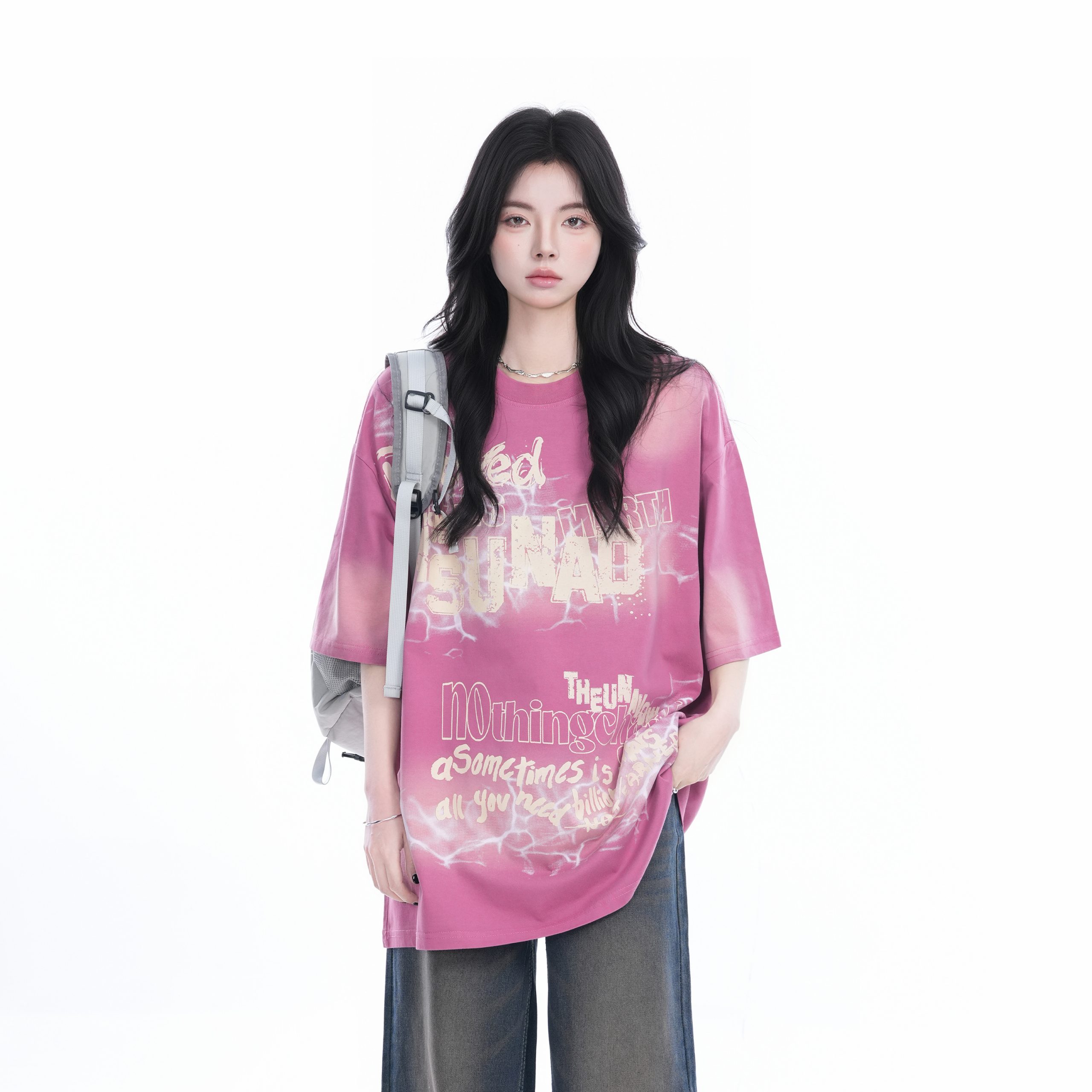 Gradient Pink Oversized Short Sleeve T-Shirt for Women - Trendy American High Street Style with Sit and Eat Until the Mountains Are Empty Design Gradient Pink Oversized Short Sleeve T-Shirt for Women - Trendy American High Street Style with Sit and Eat Until the Mountains Are Empty Design