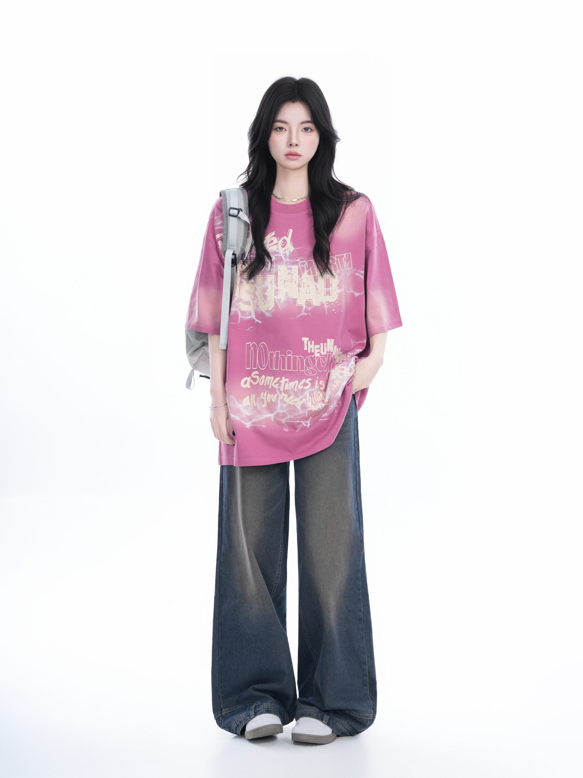 Gradient Pink Oversized Short Sleeve T-Shirt for Women - Trendy American High Street Style with Sit and Eat Until the Mountains Are Empty Design Gradient Pink Oversized Short Sleeve T-Shirt for Women - Trendy American High Street Style with Sit and Eat Until the Mountains Are Empty Design