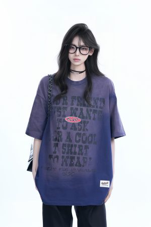 Gradient Purple Oversized Short Sleeve T-Shirt for Women - American Street Style, Trendy Loose Fit, Casual Y2K Fashion Top