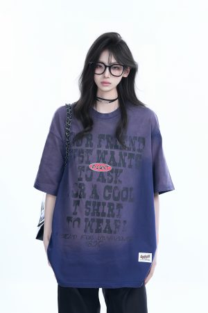 Gradient Purple Oversized Short Sleeve T-Shirt for Women - American Street Style, Trendy Loose Fit, Casual Y2K Fashion Top